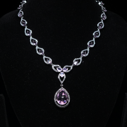 Pink Amethyst-Colored Teardrop Necklace Set with CZ Sparkle