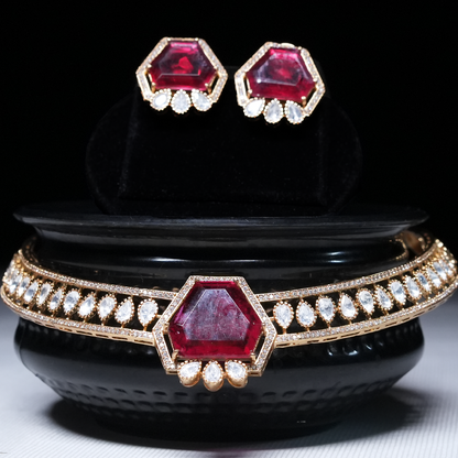 Red Ruby and White Zirconia Choker Necklace Set