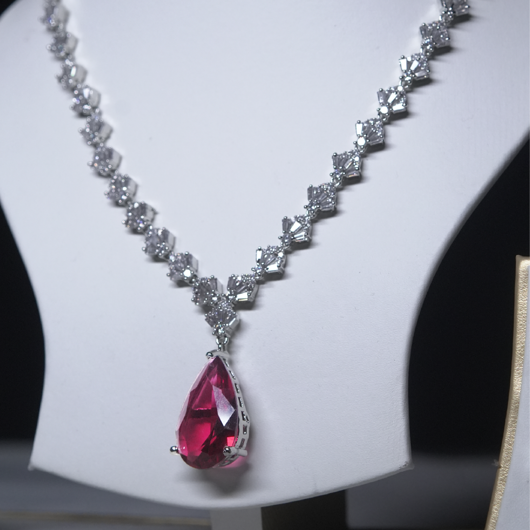 Ruby-Red Drop Necklace Set with Cubic Zirconia Sparkle
