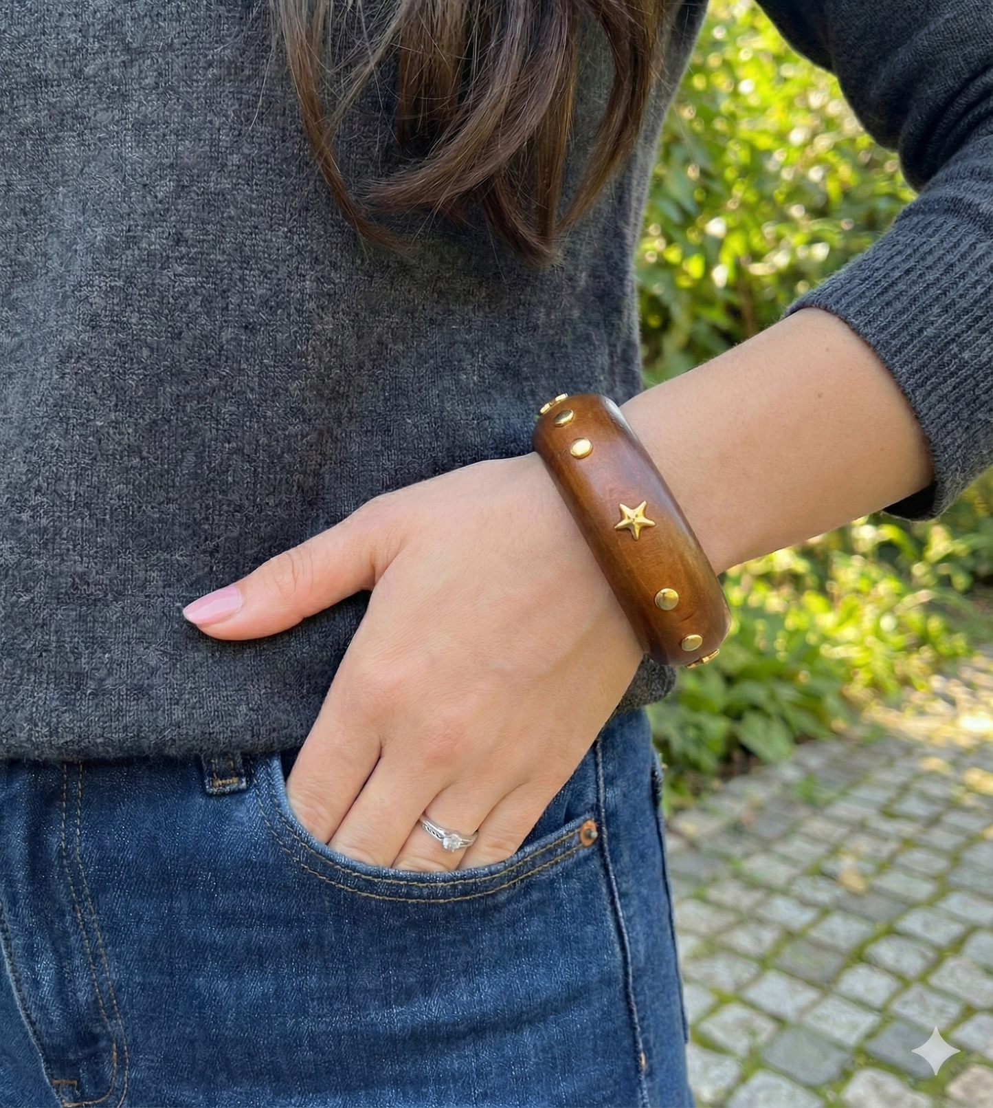 Handcrafted Wooden Bangle with Gold-Tone Star & Stud Accents