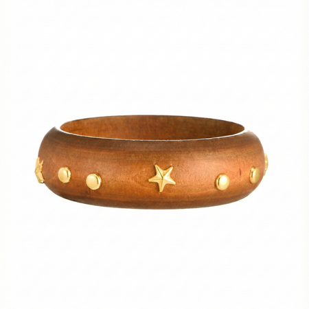 Handcrafted Wooden Bangle with Gold-Tone Star & Stud Accents