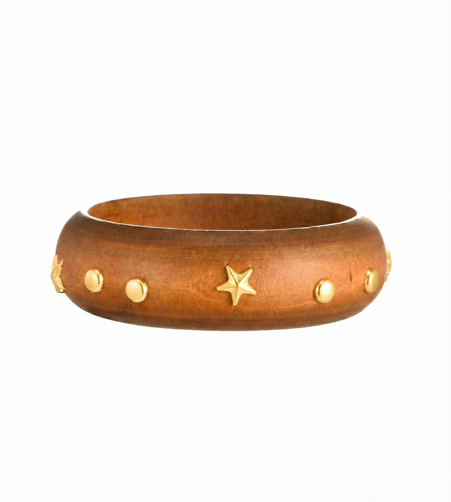 Handcrafted Wooden Bangle with Gold-Tone Star & Stud Accents