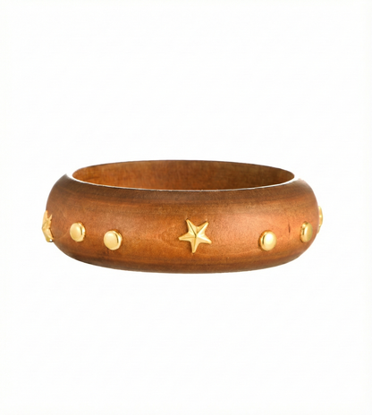 Handcrafted Wooden Bangle with Gold-Tone Star & Stud Accents