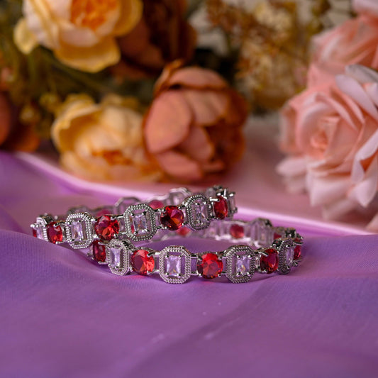 Dazzling Silver-Plated Ruby and Diamond-Cut Bangles