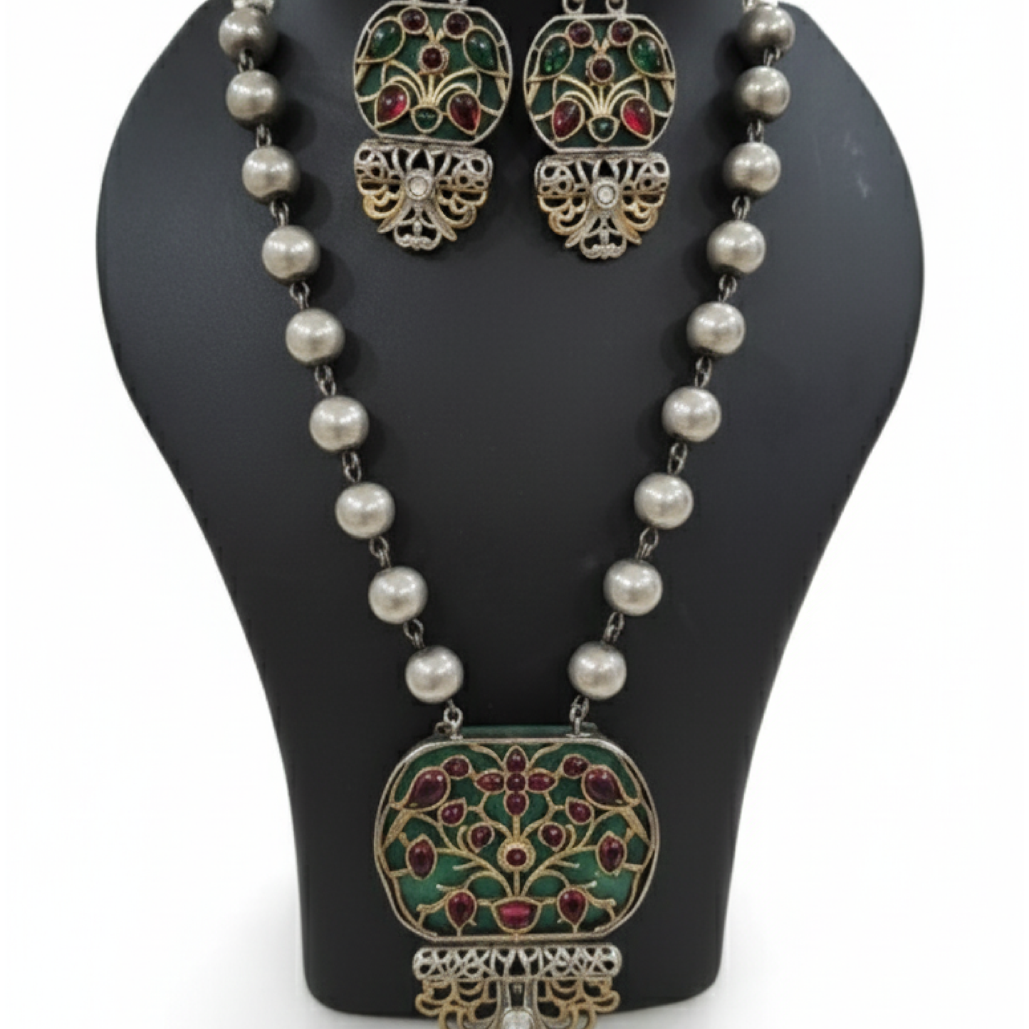 Antique silver Meenakari necklace set with red and green enamel floral pendant and matching earrings white