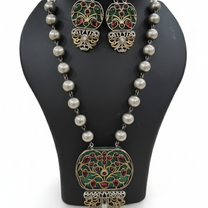 Antique silver Meenakari necklace set with red and green enamel floral pendant and matching earrings white