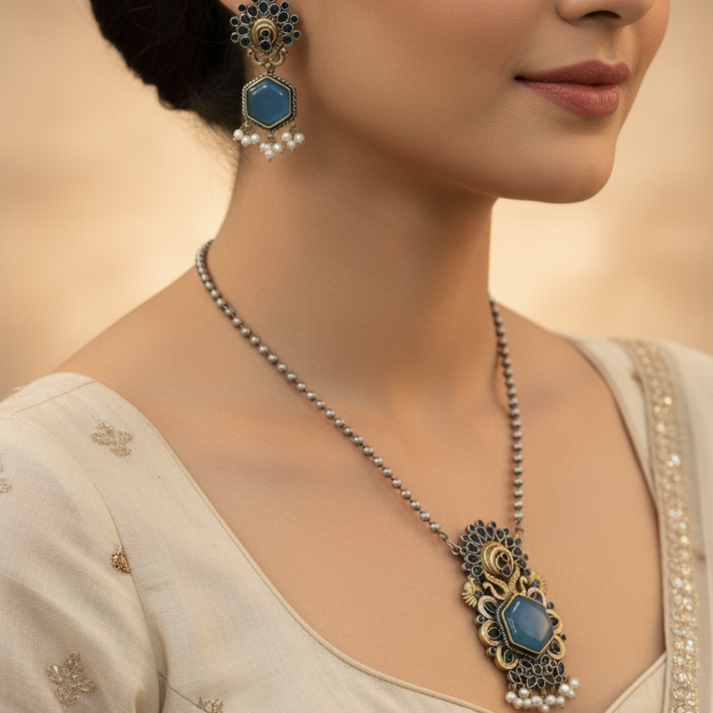 Antique peacock necklace set with blue gemstone pendant, pearl drops, and matching earrings in gold finish white