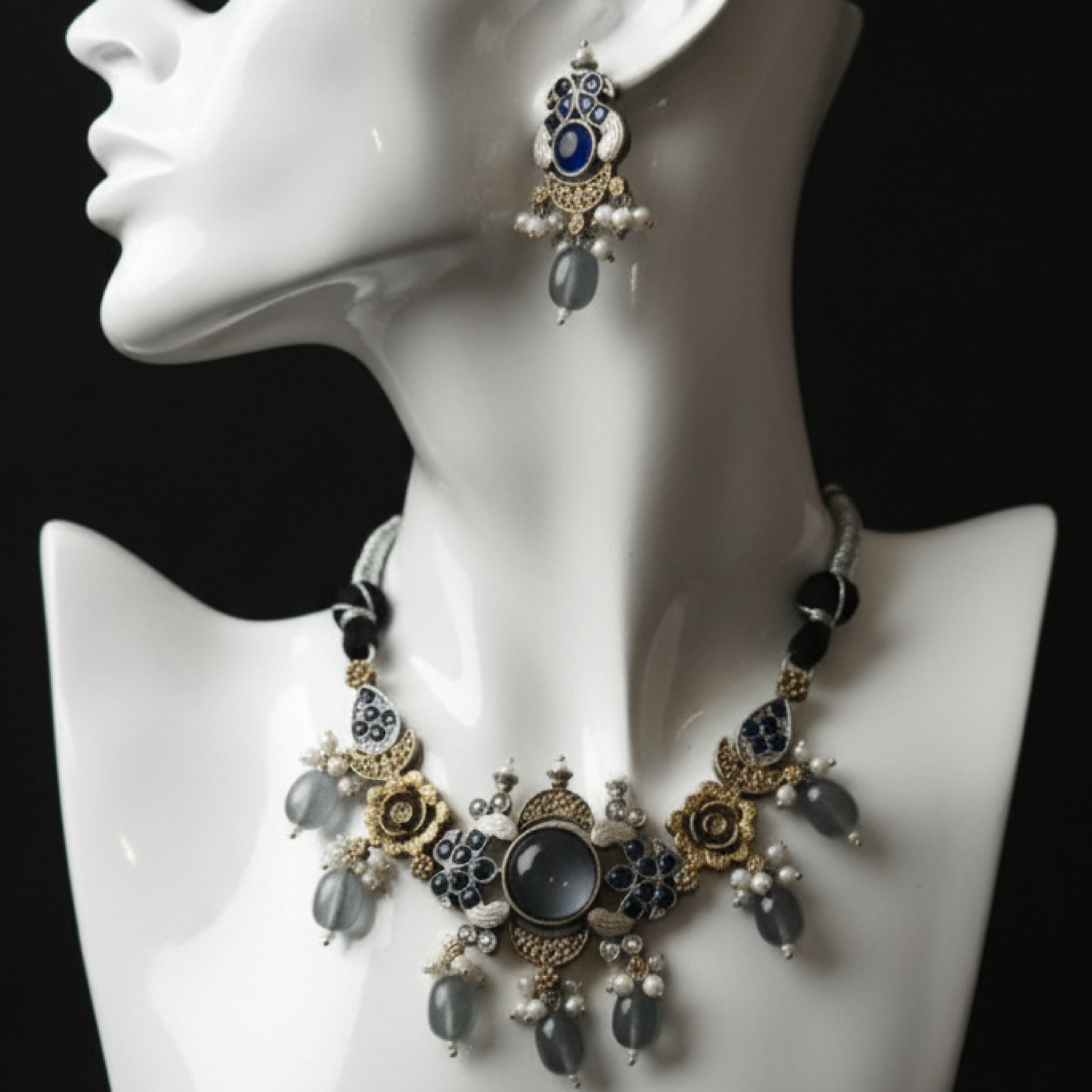 Antique gold necklace set with blue stones, pearl drops, and floral motifs by Revaaj Jewellery white