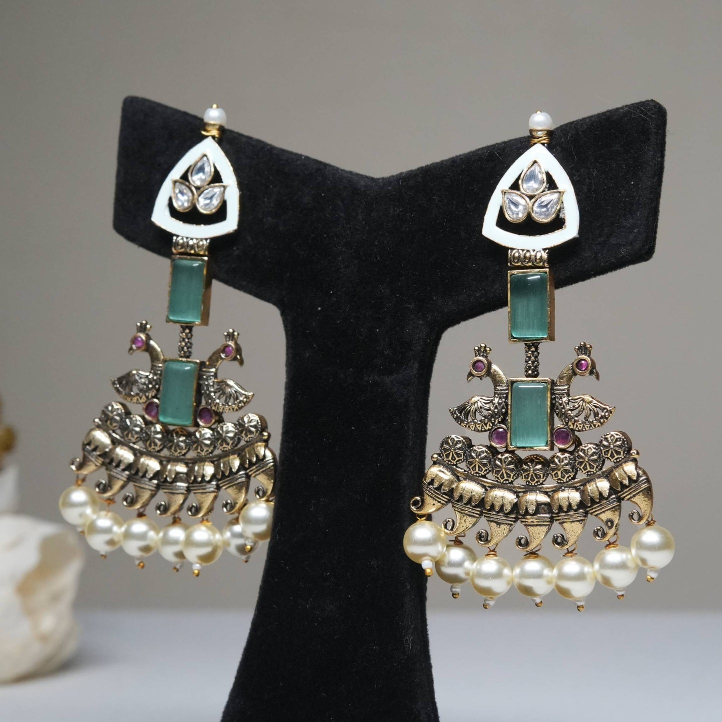 Antique Gold Temple Earrings with Kundan, Green Stones & Pearl Drops