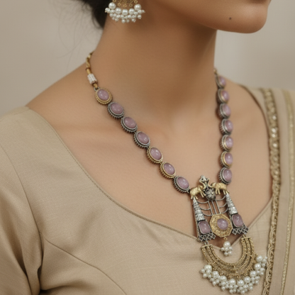 Antique gold and oxidized silver necklace set with lavender stones and pearl drops by Revaaj Jewellery white