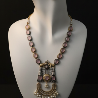 Antique gold and oxidized silver necklace set with lavender stones and pearl drops by Revaaj Jewellery Stand