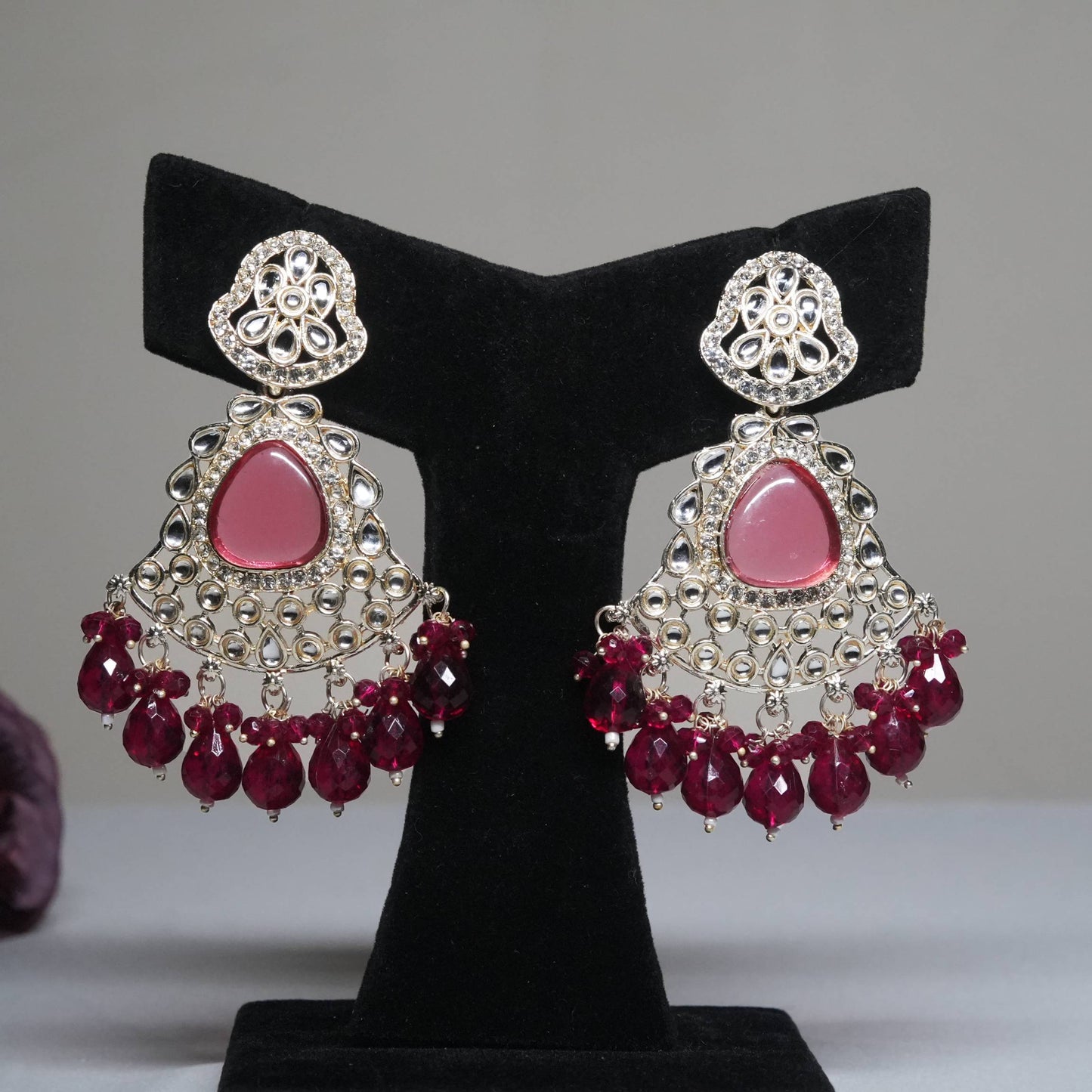 Pink Kundan Chandbali Earrings with Ruby Bead Drops