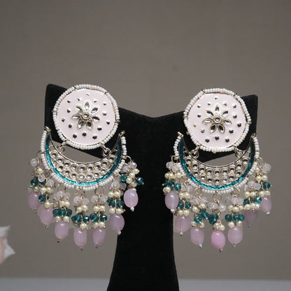 Pastel Pink & Blue Chandbali Earrings with Pearl Drops