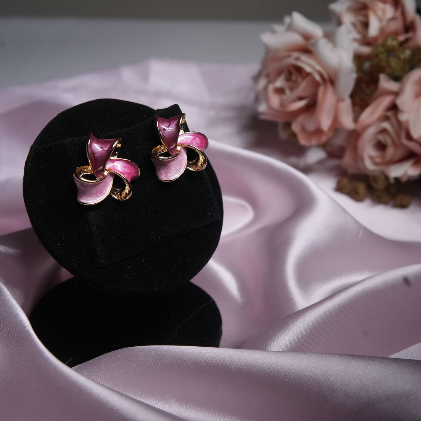 Pink Enamel Floral Stud Earrings with Gold Accents