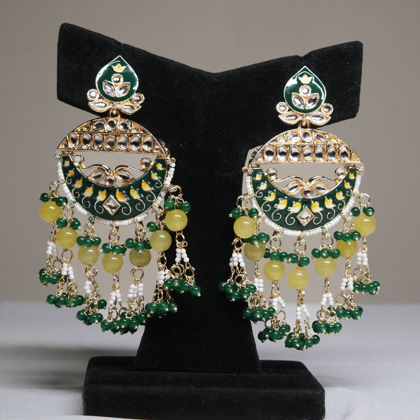 Green & Yellow Enamel Chandbali Earrings with Pearl Drops