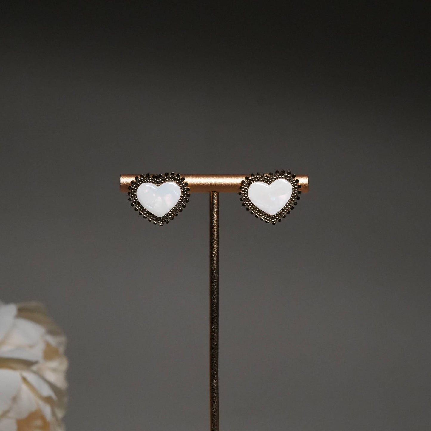 Classic White Heart Stud Earrings with Antique Beaded Frame