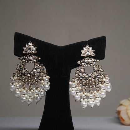 Royal Pearl Tassel Chandbali Earrings with Kundan Detailing