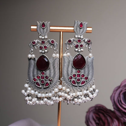 Ruby Red Temple Earrings with Pearls and Oxidized Finish